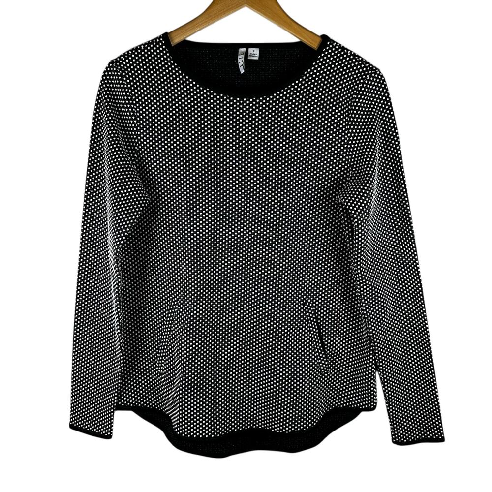 Elle Womens Long Sleeve Textured Crewneck Sweater with Pockets Black White Small